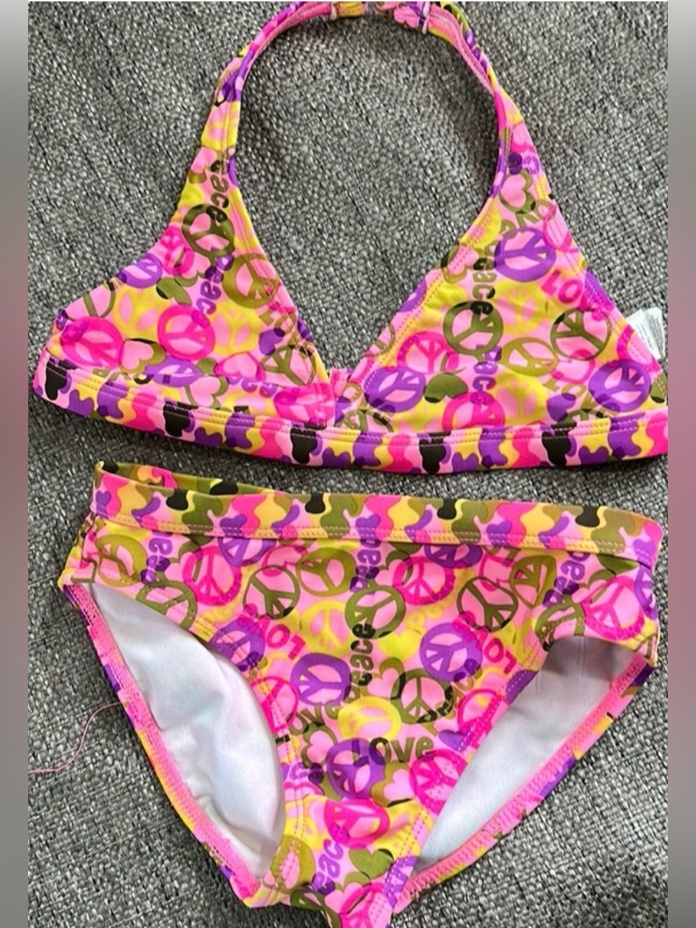 Op Ocean Pacific Girls Peace Sign Halter Bikini Swimsuit Size M 7/8 Neon Pink
